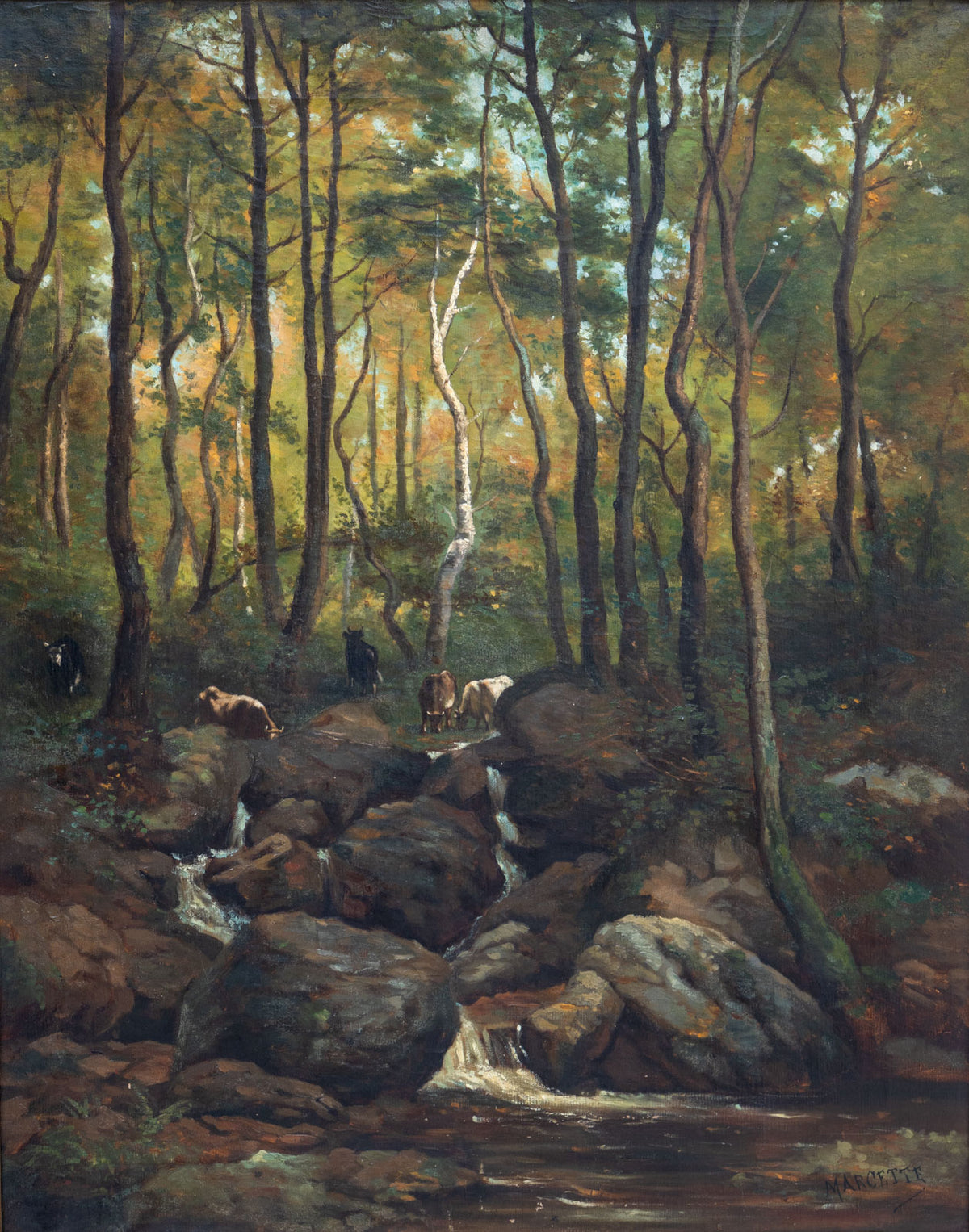 Henri Marcette (1824-1890), Forest Landscape with Cows, 2nd Half 19th Century
