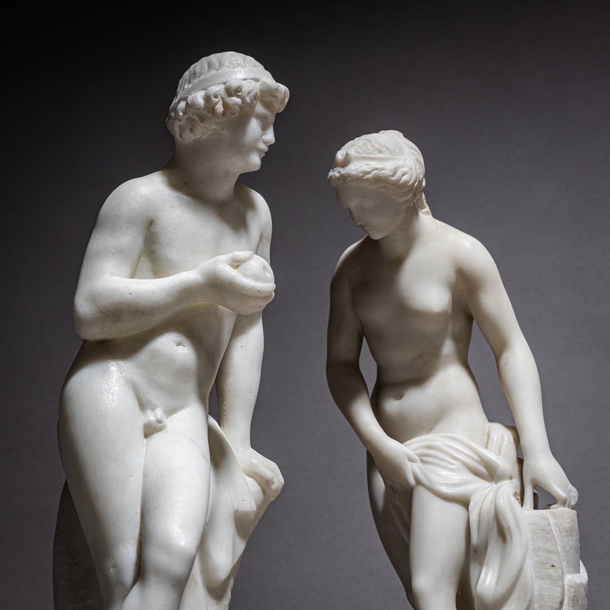 Paar Marmorskulpturen, Diana und Paris, um 1900
