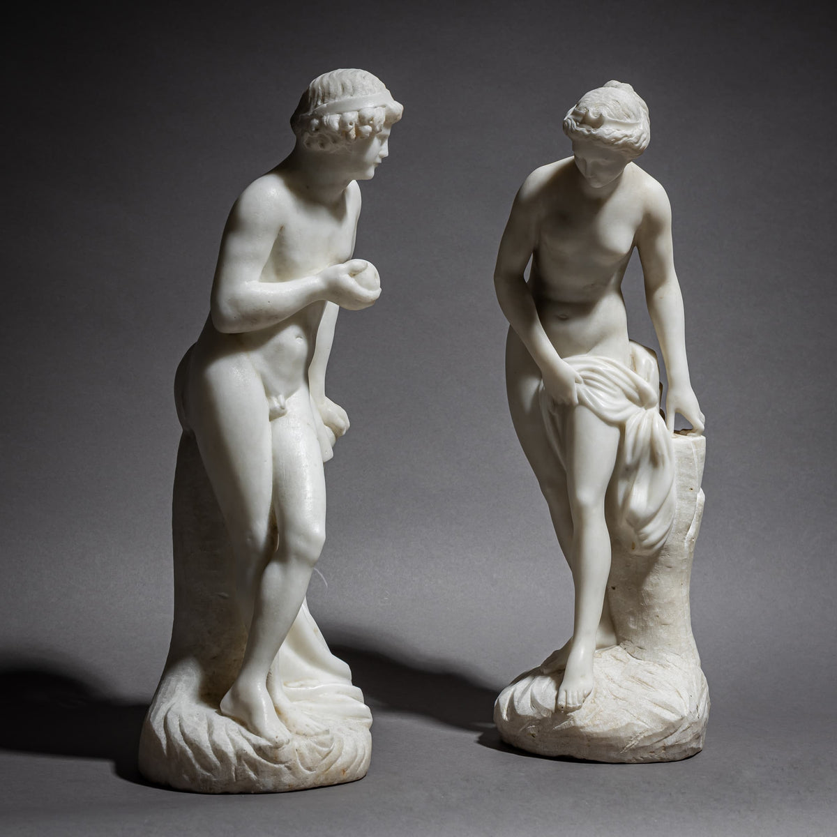 Paar Marmorskulpturen, Diana und Paris, um 1900