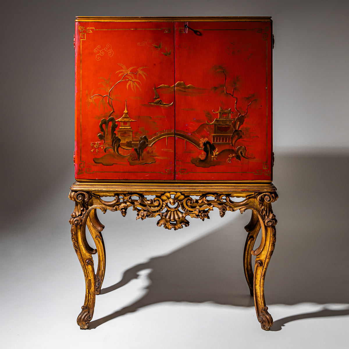 Red Chinoiserie Bar Cabinet in the Baroque Style, Italy, Mid-20th Century