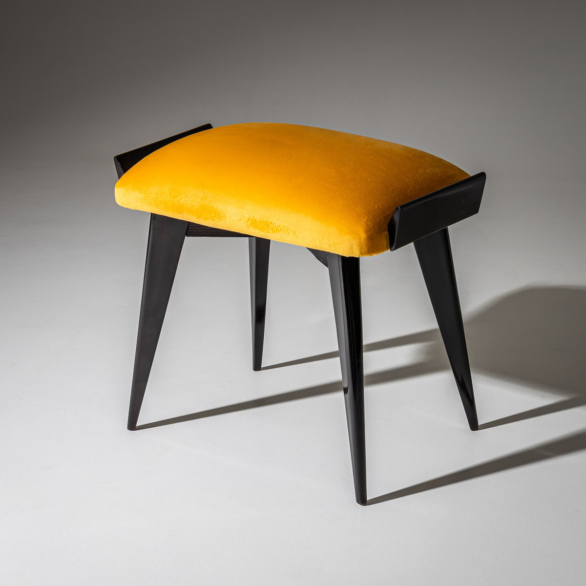Pair of Ebonized Stools with Yellow Upholstery, probably Italy, Mid-20th Century