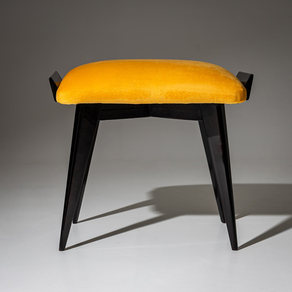 Pair of Ebonized Stools with Yellow Upholstery, probably Italy, Mid-20th Century