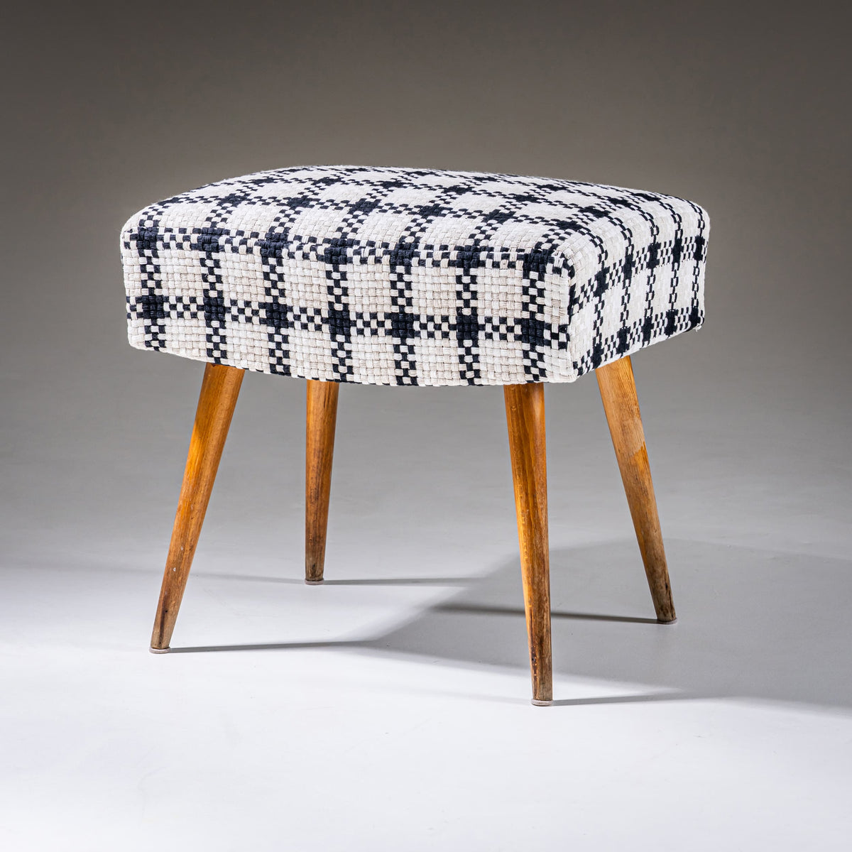 Mid-Century Design Stool with Checkered Upholstery