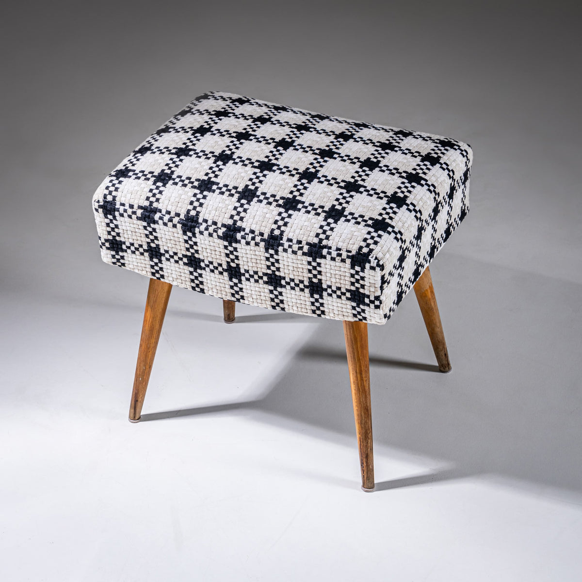 Mid-Century Design Stool with Checkered Upholstery