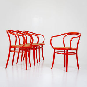 Four red Bentwood Armchairs from Drevounia, Czech Republic, Mid-20th Century