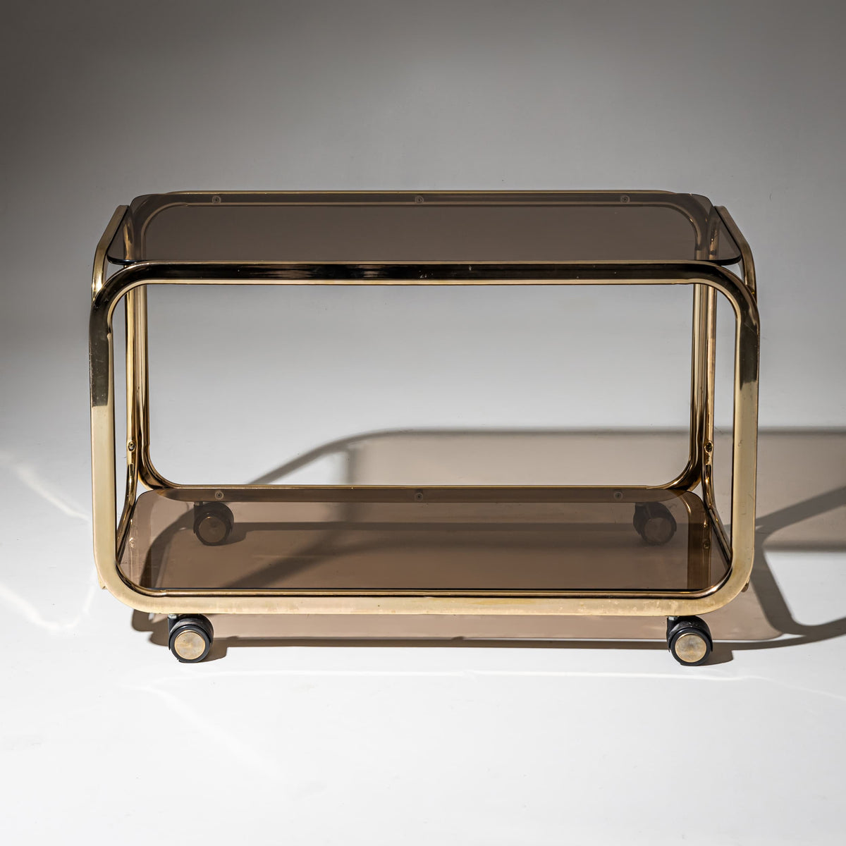 Vintage Barwagen aus Messing und Rauchglas, 1980er Jahre