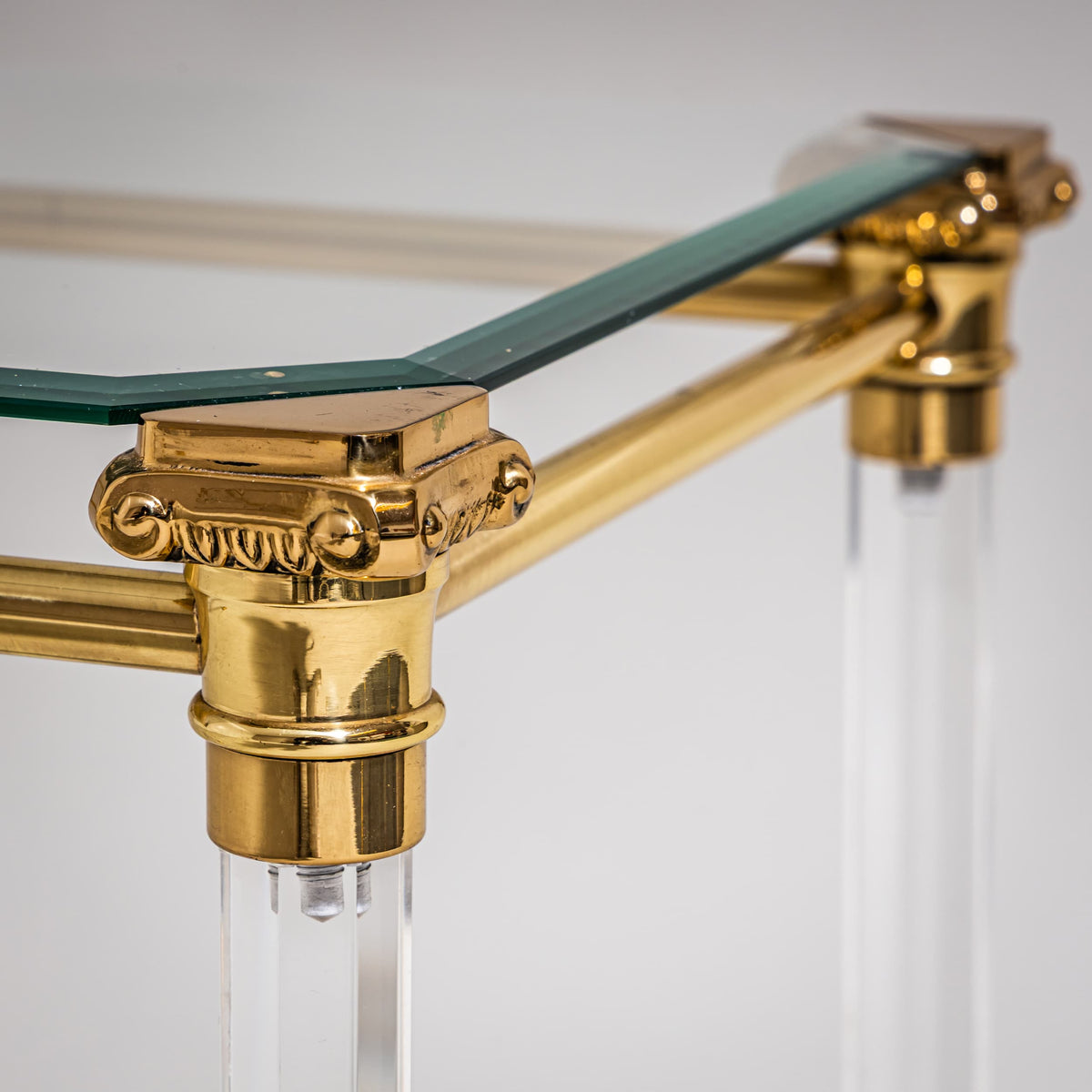 Two Coffee Tables in Plexiglass and Brass, probably Italy, Late 20th Century
