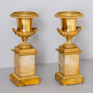Pair of bronze Tazzas on Sienese Marble Pedestals, 19th Century