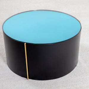 Cylindrical black Coffee Table with blue glass pane, Italy 21st Century