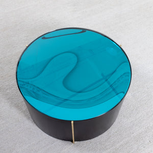 Cylindrical black Coffee Table with blue glass pane, Italy 21st Century