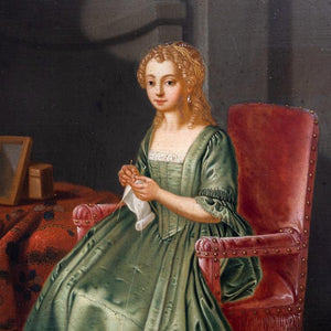 Lady with Knitting Basket, signed Grundman, dated 1760 - Ehrl Fine Art & Antiques